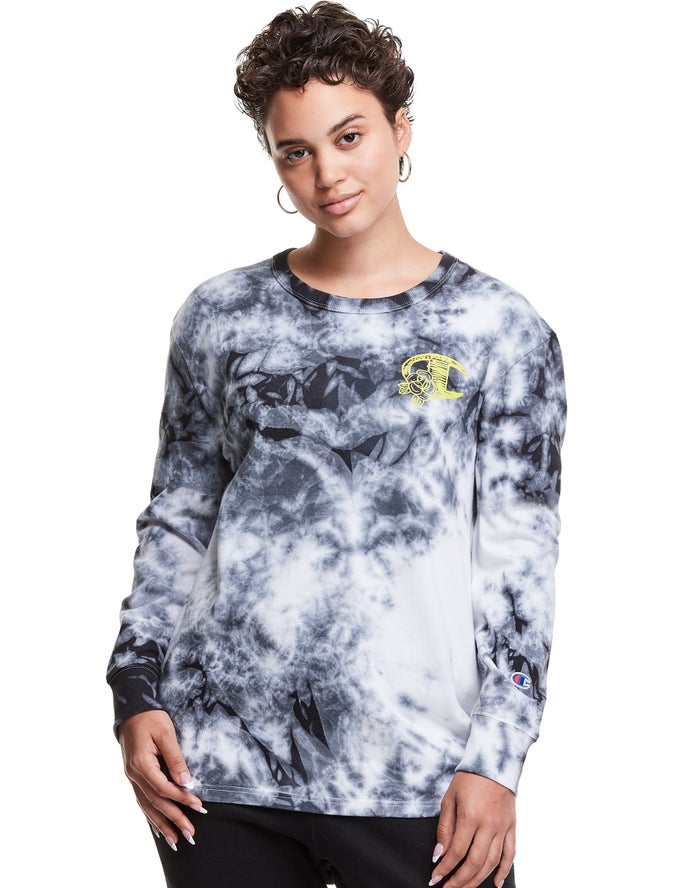 Champion Galaxy Dye Long-Sleeve Boyfriend C Flower Logo T-Shirt Dames - Wit/Zwart - Belgie 7328DHPGK